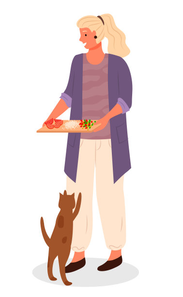 女人拿着菜板，猫向主人乞讨食物图片下载