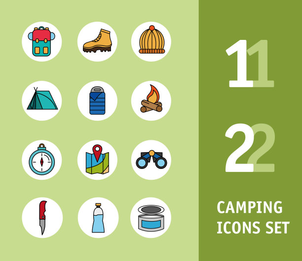 捆绑12露营设置线和填补图标和字母图片下载