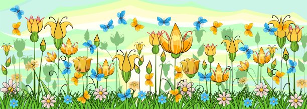 繁花似锦的草地。风景与天空。卡通风格。令人难以置信的插图。背景图片。美丽的自然景观。自然野生植物。农村的场景。向量图片下载