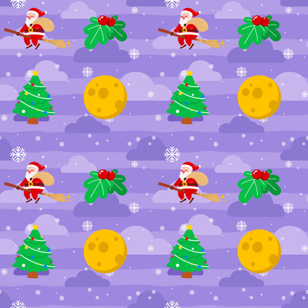 圣诞可爱的圣诞老人扫帚棒月亮树樱桃图案包装纸插图图片下载