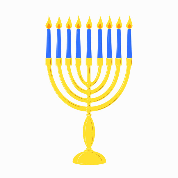 光明节金色烛台：9个蓝色蜡烛，犹太节日灯节象征，矢量扁平隔离元素图标图片下载