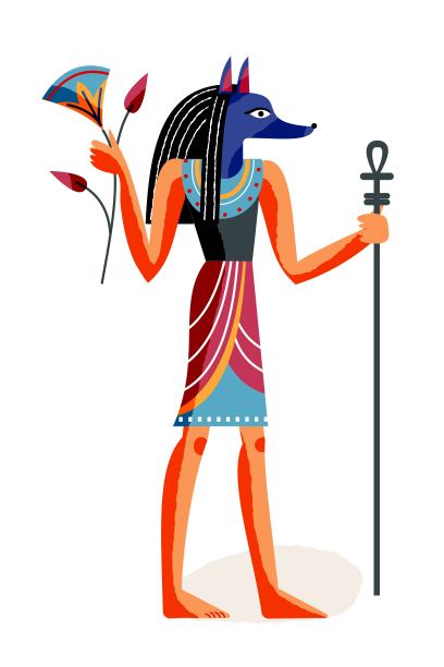 古埃及神阿努比斯。埃及艺术史上的符号和神矢量插图。一个手持权杖和花站在白色背景上的人。神话元素和模式图片下载