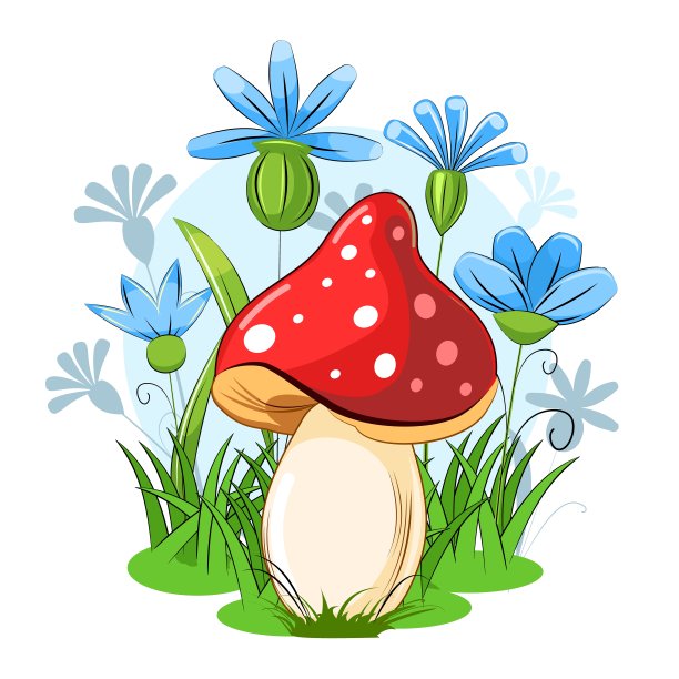 红蝇木耳蘑菇在一个盛开的草地的背景。野花和草。矢量孤立在白色上。卡通平的风格。美丽的小森林蘑菇。风景。景观。图片下载