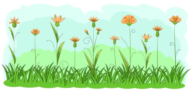 繁花似锦的草地。天空。卡通风格。孤立在白色背景上。浪漫的插图。向量图片下载