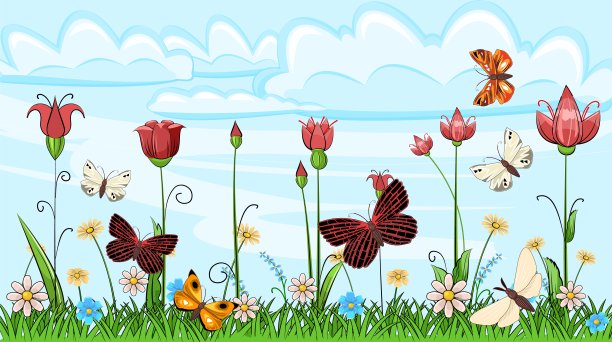 繁花似锦的草地。风景与天空。卡通风格。令人难以置信的插图。背景图片。美丽的自然景观。自然野生植物。农村的场景。向量图片下载