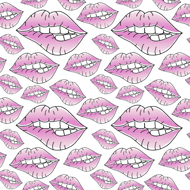嘴唇。无缝模式。嘴巴，牙齿咬着粉红色的嘴唇。向量的背景图片下载