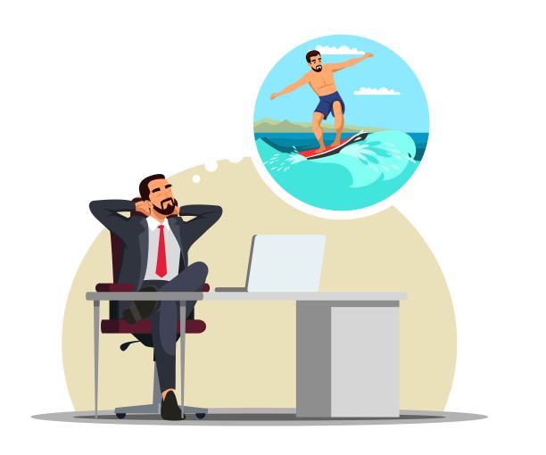 一个在工作的人想到了海浪冲浪，想象未来的休息图片下载