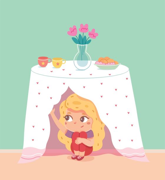 小女孩躲在厨房的桌子下面。和朋友在家里玩捉迷藏矢量插图。孩子从桌布上偷看，有趣的童年游戏和愉快的消遣图片下载