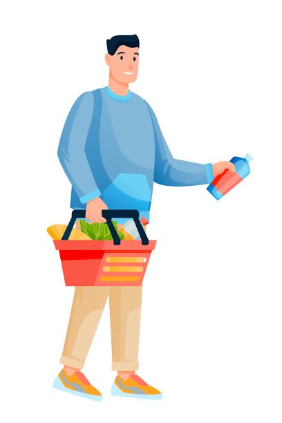 拿着购物篮的人在商店里购物。年轻人在商店里买东西和饮料。年轻快乐男人的日常生活矢量插图。把瓶子放在白色背景上的人图片下载