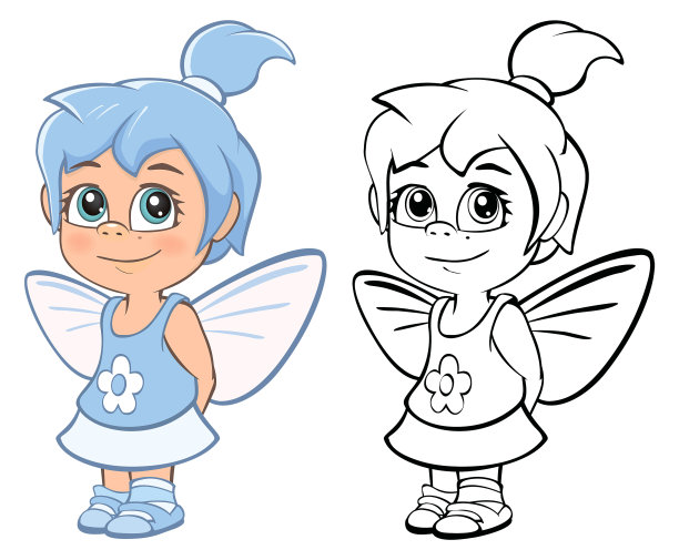 矢量插图的一个可爱的卡通人物小女巫为您设计和电脑游戏。填色书大纲套装图片下载