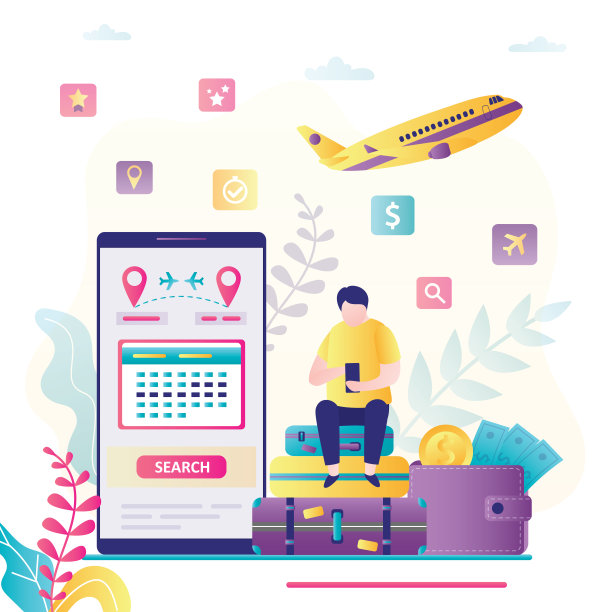 男士通过智能手机在线订票。男性角色坐在行李上，带着小玩意。通过手机屏幕搜索航班图片下载