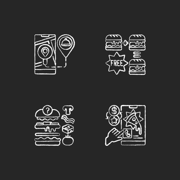 送食物给顾客粉笔白色的图标设置在黑色的背景图片下载