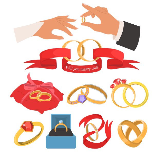 婚礼珠宝套，平面矢量孤立的插图。图片下载