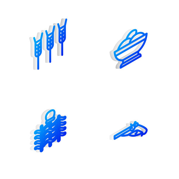 设置等距线Varenyky在碗，小麦，柳条栅栏和古董手枪图标。向量图片下载