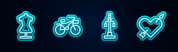 设线人体模型，自行车，路灯和爱的心和箭。发光的霓虹灯图标。向量图片下载