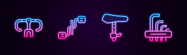 自行车车把、踏板、车座、工具内六角。发光的霓虹灯图标。向量图片下载