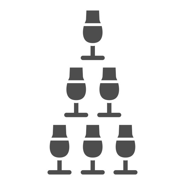 金字塔的眼镜固体图标，调酒日概念，眼镜金字塔站在白色的背景标志，酒杯堆叠在金字塔塔图标在象形风格。矢量图形。图片下载