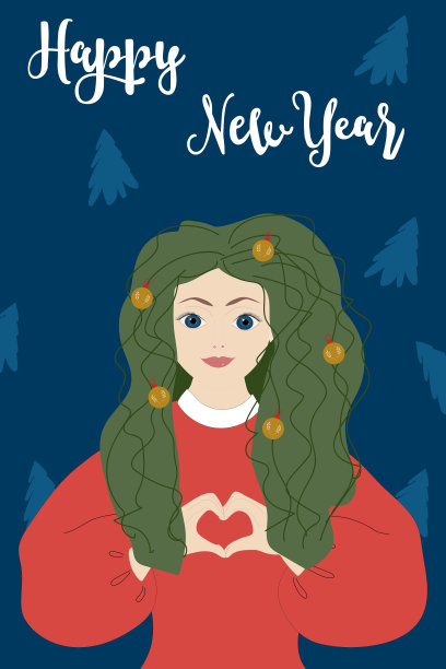 新年贺卡。穿着狂欢节服装的女孩双手交叉成心形图片下载