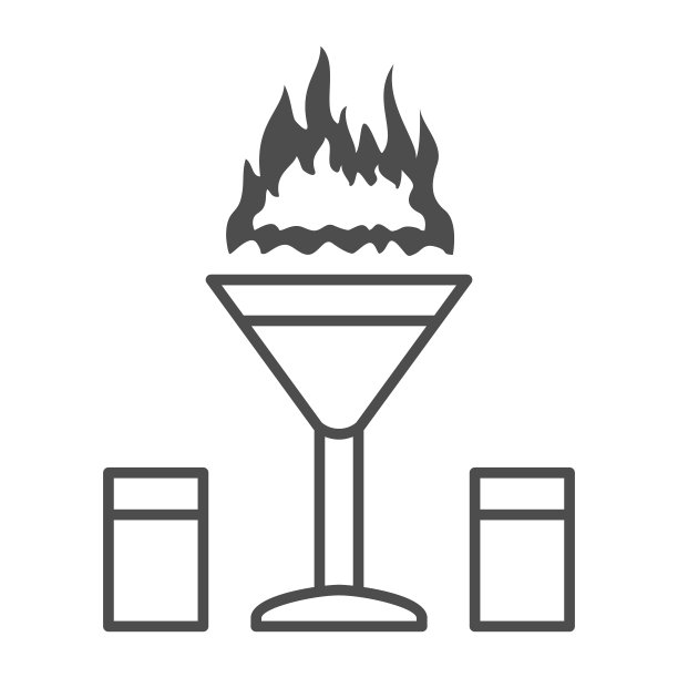 燃烧的鸡尾酒细线图标，调酒师日概念，马提尼杯与饮料和燃烧的火标志在白色的背景，燃烧的鸡尾酒图标在轮廓风格。矢量图形。图片下载