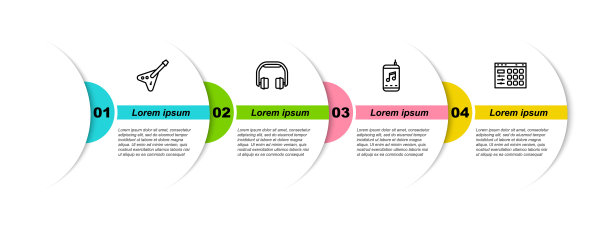 电子贝斯吉他，耳机，音乐播放器，鼓机。业务信息模板。向量图片下载