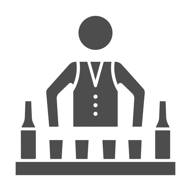 酒吧里的调酒师固体图标，调酒师日的概念，酒吧柜台上白色背景的酒保，在移动和网页设计的字形风格的统一图标的酒保。矢量图形。图片下载