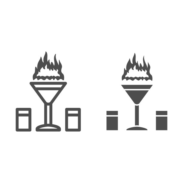 燃烧的鸡尾酒线和固体图标，调酒师日概念，马提尼杯与饮料和燃烧的火焰标志在白色的背景，燃烧的鸡尾酒图标在轮廓风格。矢量图形。图片下载