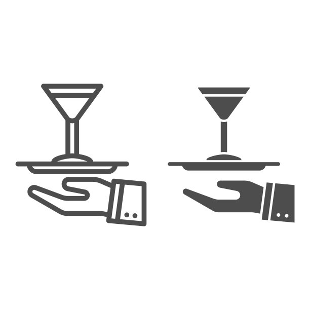 鸡尾酒在托盘线和固体图标，调酒师日的概念，服务饮料的标志在白色的背景，服务员手持托盘与马提尼玻璃在轮廓风格的移动图标。矢量图形。图片下载