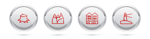 树桩，山，房子和灯塔。银圈按钮。向量图片下载