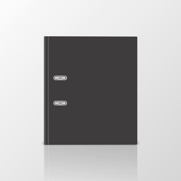 矢量3d封闭现实封闭黑色空白办公室活页夹封面与金属环A4纸特写孤立在白色背景反射。4cm, 5cm。设计模板，模型，前视图图片下载