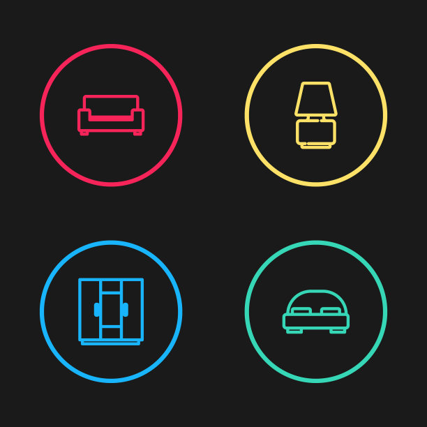 系列衣柜，大床，台灯和沙发图标。向量图片下载