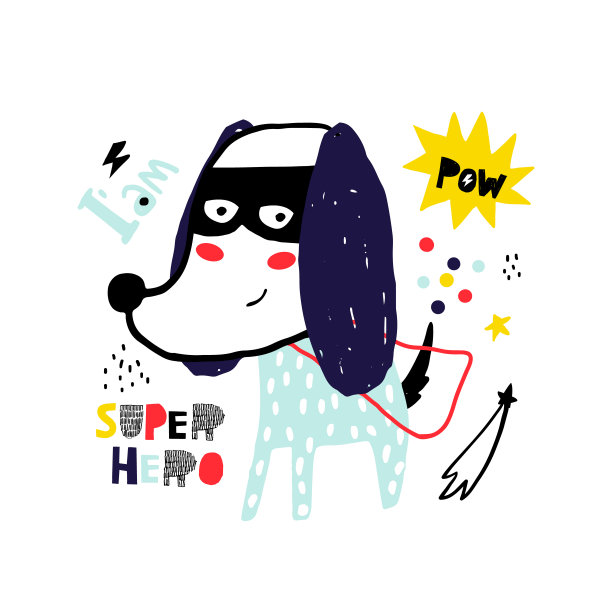 可爱的手绘墨狗超级英雄。斯堪的纳维亚风格的卡通超级英雄熊插图。准备设计贺卡，海报，服装图片下载