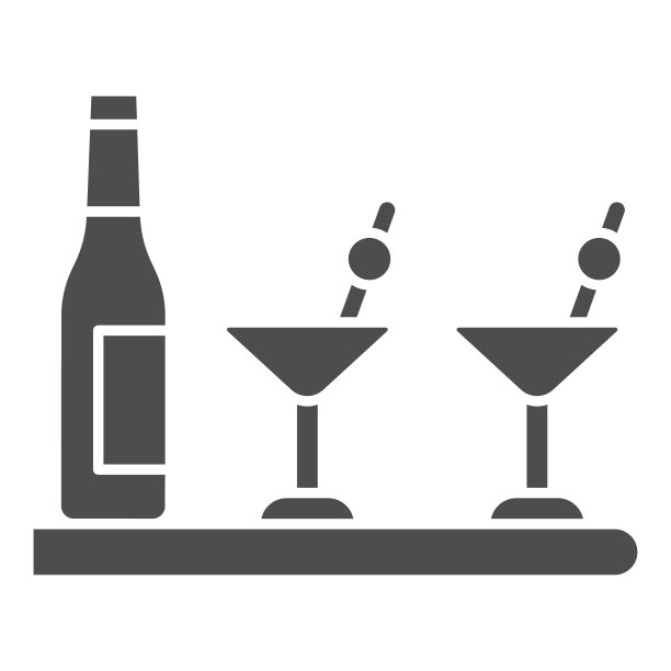 酒瓶和鸡尾酒杯固体图标，调酒师日概念，鸡尾酒酒吧菜单标志在白色的背景，酒瓶和马提尼眼镜图标在象形风格。矢量图形。图片下载