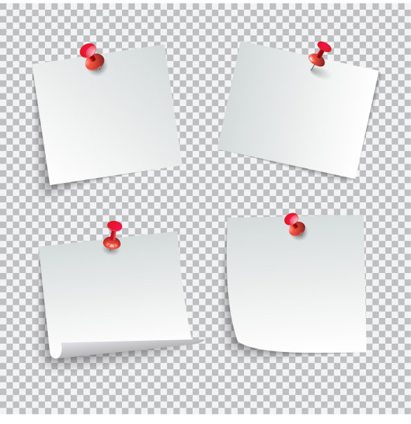 收集各种各样的白色便条纸，卷角，用红色按钮别住。向量孤立的插图。图片下载