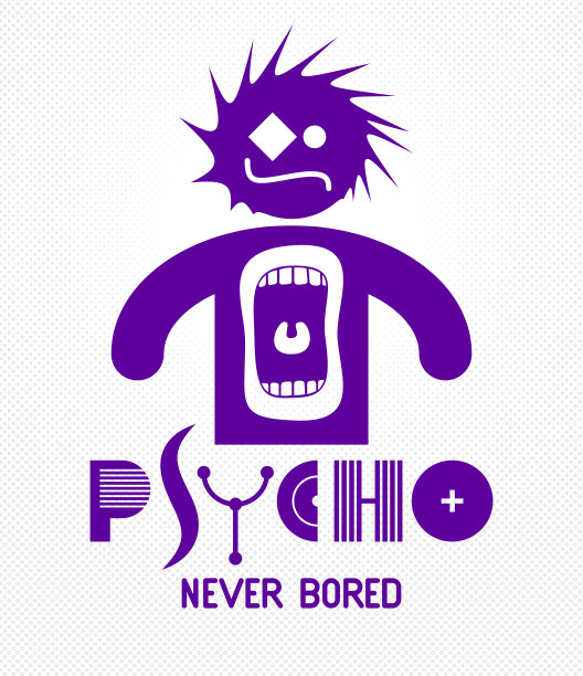 Psycho从不无聊的搞笑矢量卡通标志或海报与怪异的表情男人图标和尖叫的嘴，t恤打印或社交媒体图片。图片下载
