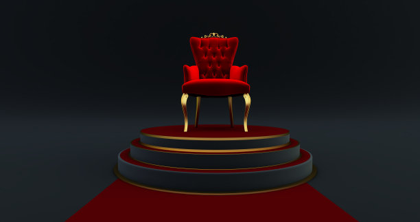 3D渲染的红色皇家椅子在基座上。红地毯通往豪华的王座，国王的位置。皇家的宝座,图片下载