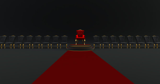 3D渲染的红色皇家椅子。红地毯通往豪华的王座，国王的位置。皇家的宝座,图片下载