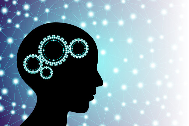 发光的粒子，线条和点，神经丛结构，在成人头部的齿轮的黑色轮廓图片下载