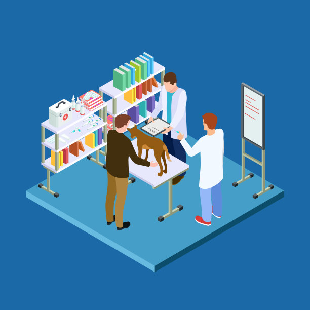 狗在兽医的接待处。兽医办公室等距矢量概念图片下载