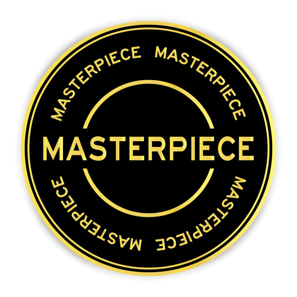 黑色和金色的圆形贴纸与文字杰作在白色的背景图片下载