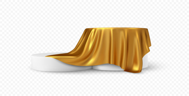 逼真的3d圆形白色产品领奖台显示覆盖金色织物窗帘褶皱孤立在白色背景。矢量图图片下载