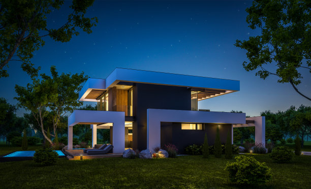 现代住宅的3d渲染，在夜晚的豪华风格图片下载