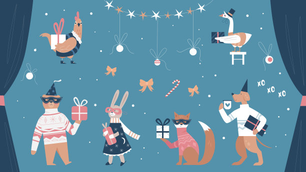 圣诞动物戴着围巾，温暖的毛衣，喜庆的连衣裙图片下载