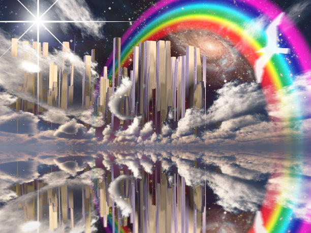 神圣的城市。天空中的彩虹图片下载