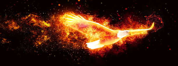 一个抽象的凤凰在黑暗中拍打的3D插图图片下载