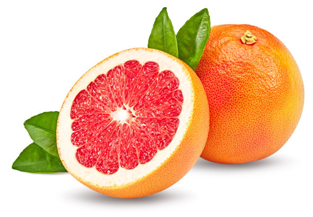 在白色背景上孤立的绿叶切片柚子。全景深。剪切路径图片下载