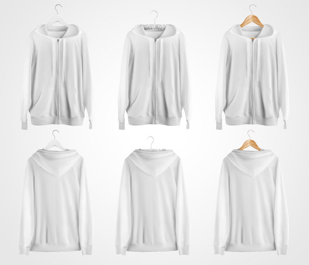 一个白色拉链卫衣的模型与领带，口袋，挂在衣架上，前面，后面的观点，孤立的背景。图片下载