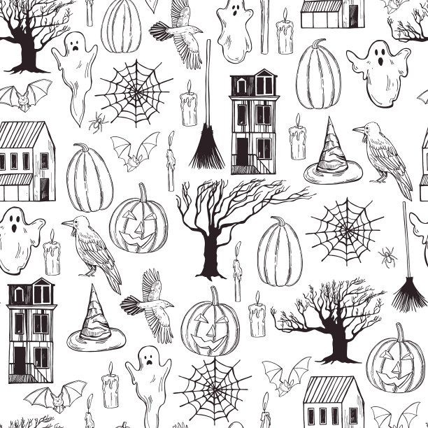 手绘万圣节套装无缝图案图片下载