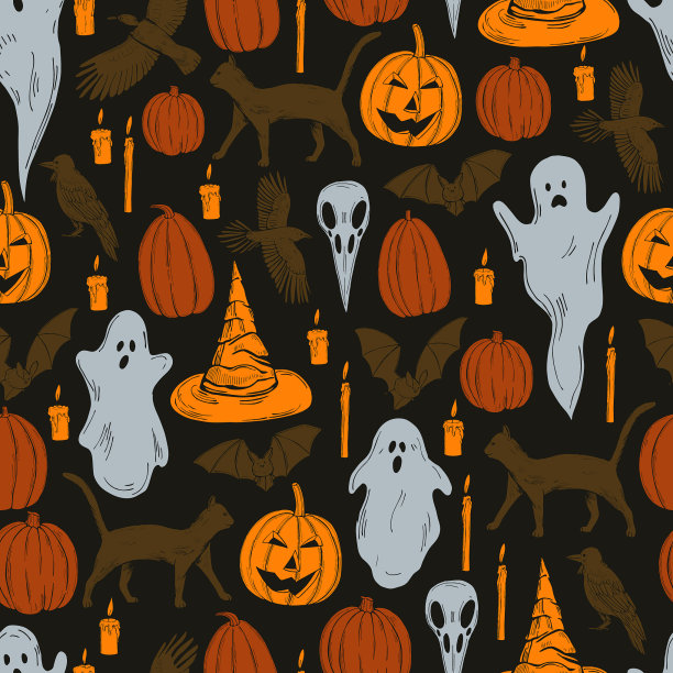 手绘万圣节套装无缝图案图片下载