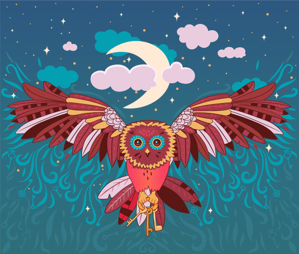 飞行猫头鹰与钥匙明信片图形图片下载