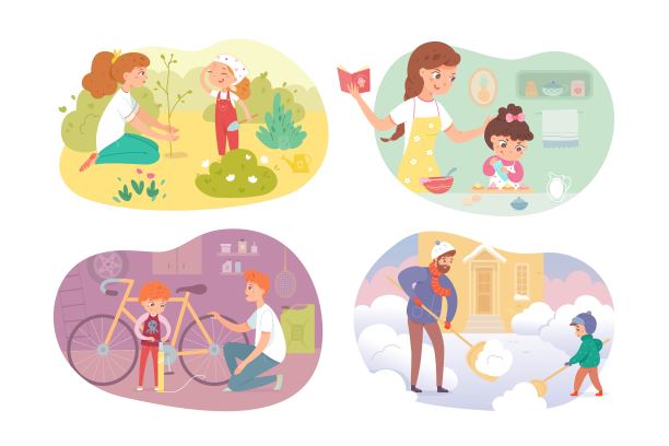 孩子帮助父母设置。女孩和男孩帮助妈妈，爸爸和弟弟做家务。儿童助手矢量插图。和妈妈一起做饭，种树，除雪，修理自行车图片下载